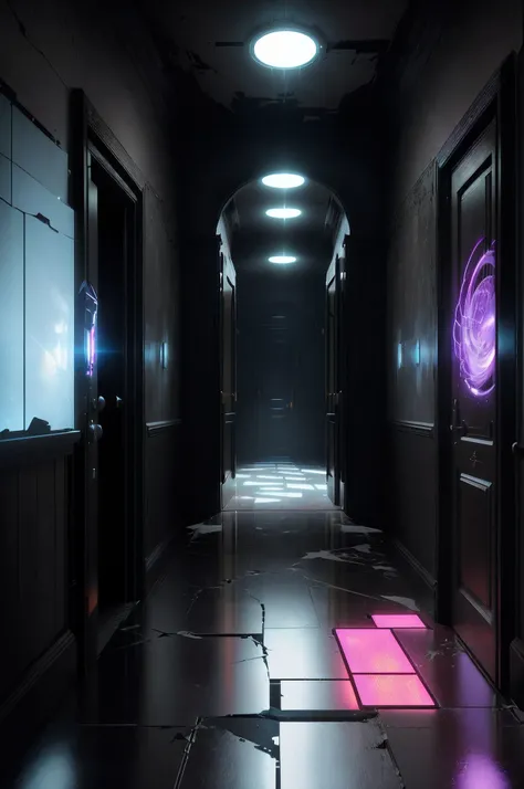 There is a hallway with a light that is on and a floor with a pink light, Volume Raytracing Fog, Motor irreal. retro film still, renderizado em unreal 5, renderizado em unrealengine, corredor infinito, Motor irreal. filme ainda, Unreal motor captura de tel...