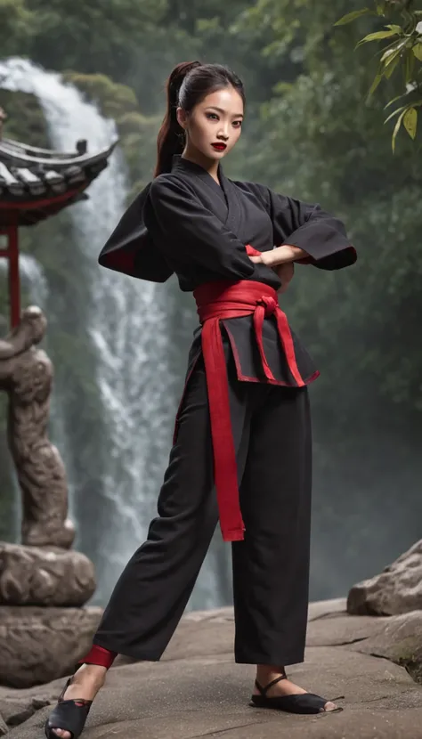 The expression is a smile. Produce a female martial artist costume designed in shades of deep red and black. Give this image a dynamic feeling of fire and wind. Next, add a combat outfit (raw legs or tights) designed to accentuate the lines of the body (mi...