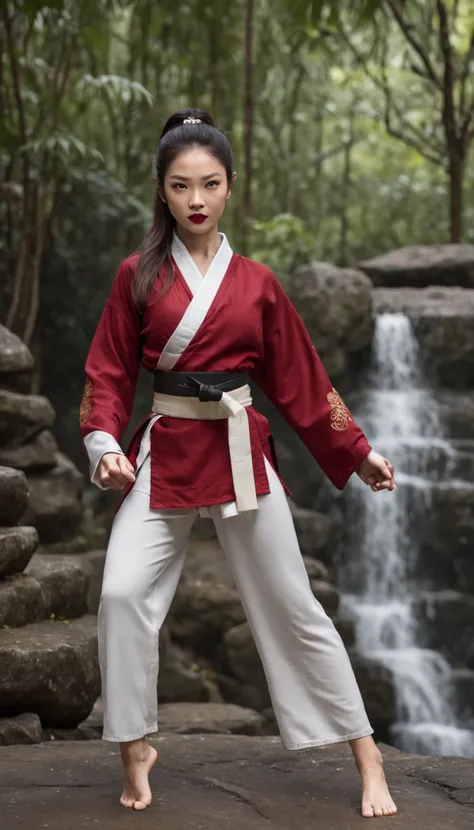 The expression is a smile. Produce a female martial artist costume designed in shades of deep red and black. Give this image a dynamic feeling of fire and wind. Next, add a combat outfit (raw legs or tights) designed to accentuate the lines of the body (mi...