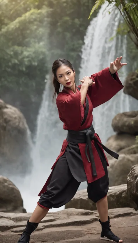 The expression is a smile. Produce a female martial artist costume designed in shades of deep red and black. Give this image a dynamic feeling of fire and wind. Next, add a combat outfit (raw legs or tights) designed to accentuate the lines of the body (mi...