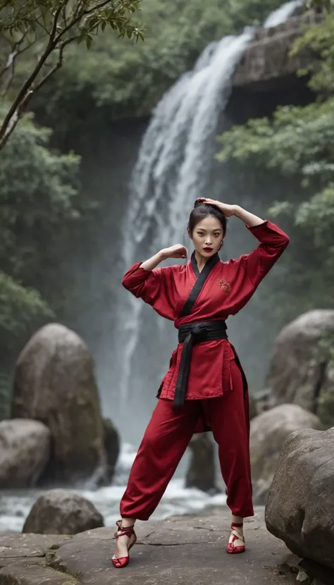 The expression is a smile. Produce a female martial artist costume designed in shades of deep red and black. Give this image a dynamic feeling of fire and wind. Next, add a combat outfit (raw legs or tights) designed to accentuate the lines of the body (mi...