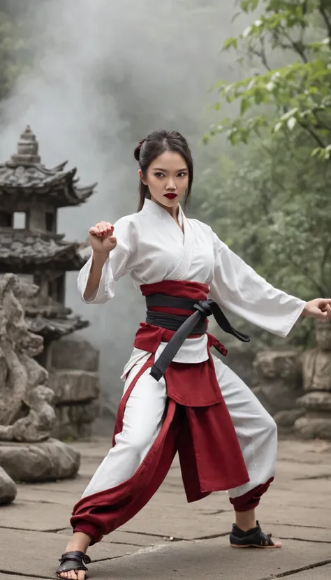 The expression is a smile. Produce a female martial artist costume designed in shades of deep red and black. Give this image a dynamic feeling of fire and wind. Next, add a combat outfit (raw legs or tights) designed to accentuate the lines of the body (mi...