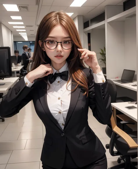 A girl standing and wearing office outfit, beautiful and have a perfect body figure, wear a glasses and caramel hair colour