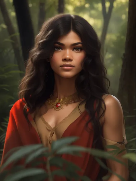 A realistic body portrait of Zendaya with wavy long black hair, a complete body, big dark brown eyes, Dressed in a red Lioncloth and a perfect oval face, rendered in a photorealistic style with sharp edges and a vibrant atmosphere, lying in a lush forest w...