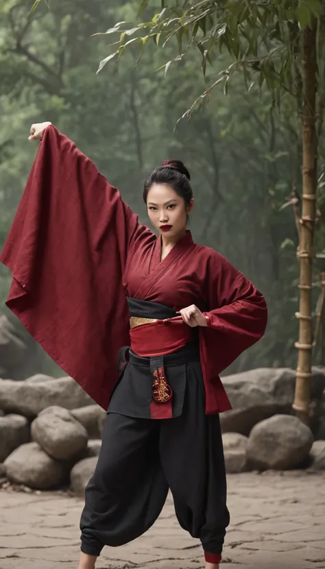 The expression is a smile. Produce a female martial artist costume designed in shades of deep red and black. Give this image a dynamic feeling of fire and wind. Next, add a combat outfit (raw legs or tights) designed to accentuate the lines of the body (mi...