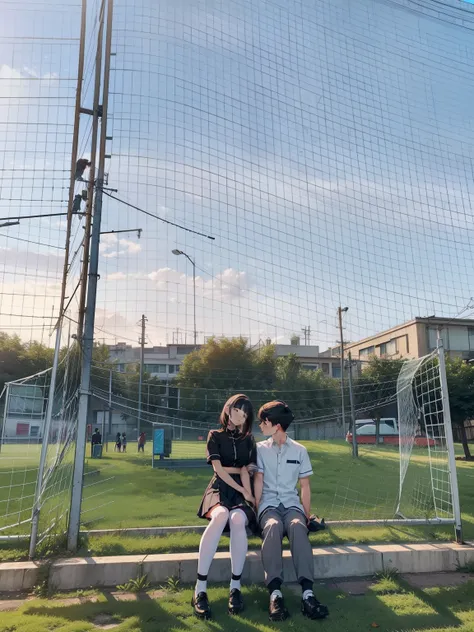 Male and female couples　Girl sitting on a chair wearing a tight skirt over a blouse。Boys hugging each other from behind。Boy in high school long pants uniform with mash cut hairstyle。Without glasses