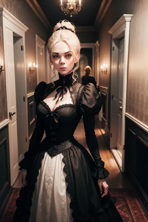 Create a Victorian gothic woman dressed in black, with blonde hair in a neat bun. She stands on the steps to the front door of a creepy looking mansion, facing away.