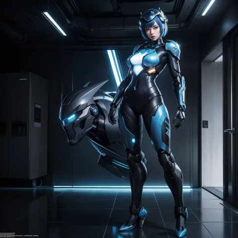 A woman, wearing black mecha suit with blue metal parts + blue robotic armor, suit with light coupling, extremely tight and tight suit, (luminous helmet, cybernetic on the head), monstrously giant breasts, blue hair, short hair, hair with bangs in front of...