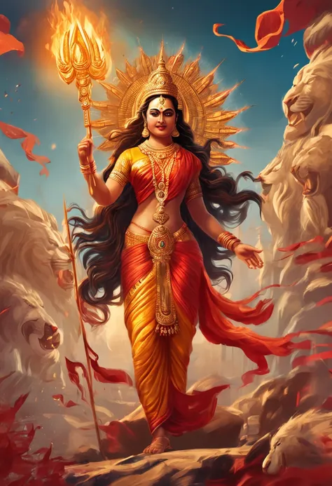 A majestic Goddess Durga, her beauty radiating from her golden armor, standing on roaring lion, her hands raised in a gesture of power, the flames of her strength burning brightly around her.