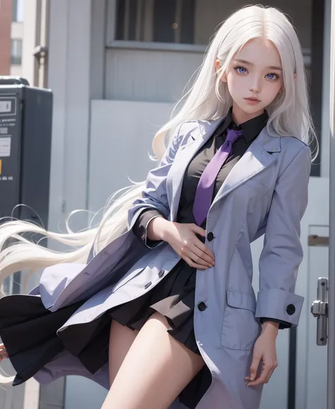 A girl is standing and wearing school uniform, beautiful and have a perfect body figure, sexy and have a white colour hair and purple colour eyes