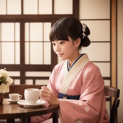 A girl from the Taisho era in Japan、Sit in an old-fashioned café，Drink coffee and eat cake、Lace、realisticlying、Comely、Lovely、Beautiful、ssmile