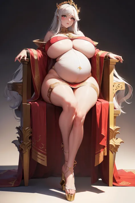 divine render，(((Full body robes))), ,(((huge boob)))，(((gigantic hip)))，(((Big breasts Thin waist)))，(((high-heels，High soled shoes )))，frontage，Pregnant women with， Huge belly，Divinely presented on her throne，(((full body shot shot)), ,(((huge boob)))，((...