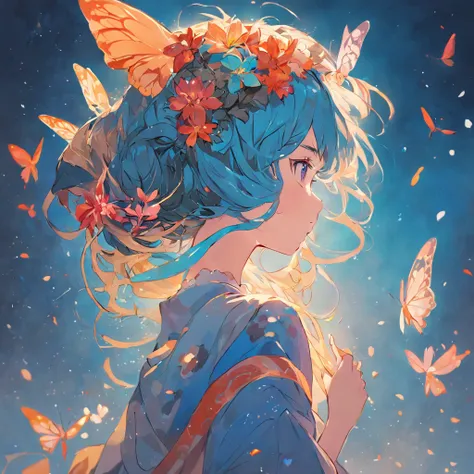 a girl in saree, flower on her hair, sky is blue and butterfly