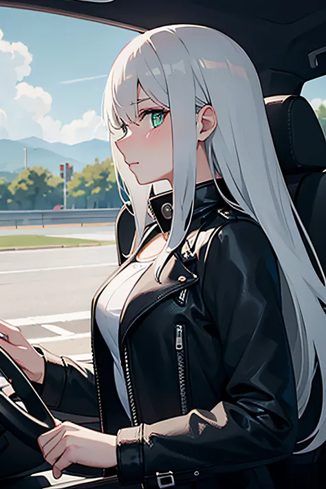 1 woman, profile, looking at viewer, blushing, driving japanese sport car, long silver hair, green eyes, very large chest, wearing a black leather coat.