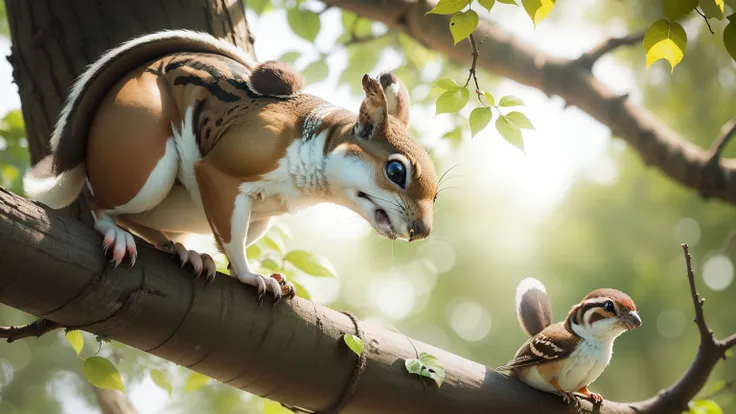 a squirrell is stranded on a tree. A sparrow comes flying and helps the squirrell to get down of the tree