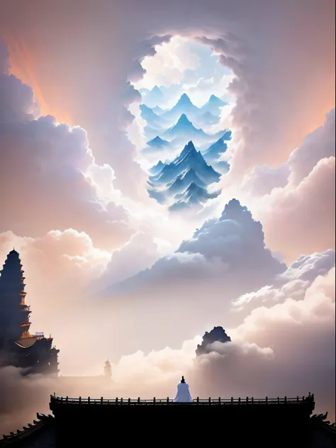 Big and small nine giants，Wearing an ancient Chinese white robe，Unable to see the skin color clearly，Clouds swirled around them，Next to overlapping mountains。The back of a much smaller female cultivator stood in the air。