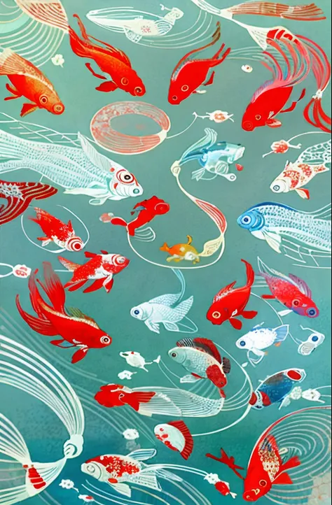 a close up of a blue background with red and white fish, inspired by Saitō Kiyoshi, textile print, inspired by Katsushika Ōi, floating koi fish, fishes swimming, koi fishes, by Kume Keiichiro, inspired by Kōno Bairei, inspired by Masamitsu Ōta, koi, swirli...