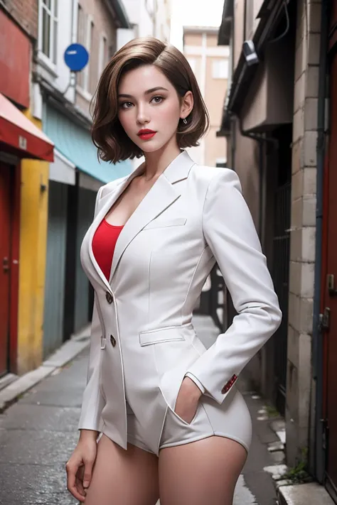 ((Best quality)), ((masterpiece)), ((realistic)), (hyperrealism:1.2), A photo ((portrait)) of a young, nerdy woman standing in a back alley, looking at the viewer. short hair, slender, red lips, flirting with the camera.Wearing a tight sexy white suit, ope...