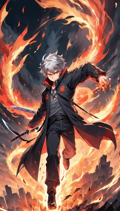 A gray-haired, Man with red eyes，Fire on the head，dressed in a black jacket, Engulfed in turbulent flames,Sword formation，Lots of swords around，Flying swords