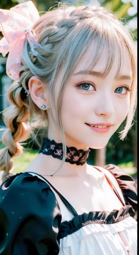 (ultra-detailliert), Frontal Face,head shot, Front view,Cute princess dresses in black color,(frilly dress),(shortsleeves),Blue eyes,The upper part of the body、a closeup、faces、(A smile:1.5),(facing front:1.2), 20yr old, teens girl,no tail,(no tail),2D, ​ma...