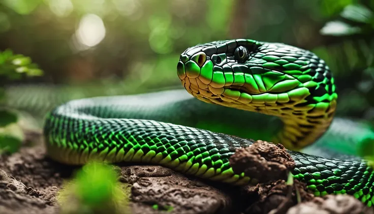 High nation-geographic symmetrical close-up portrait shoot in green jungle of an expressive snake, anamorphic lens, ultra-realistic, hyper-detailed, green-core, jungle-core –ar 16:9 –q 2 –v 5