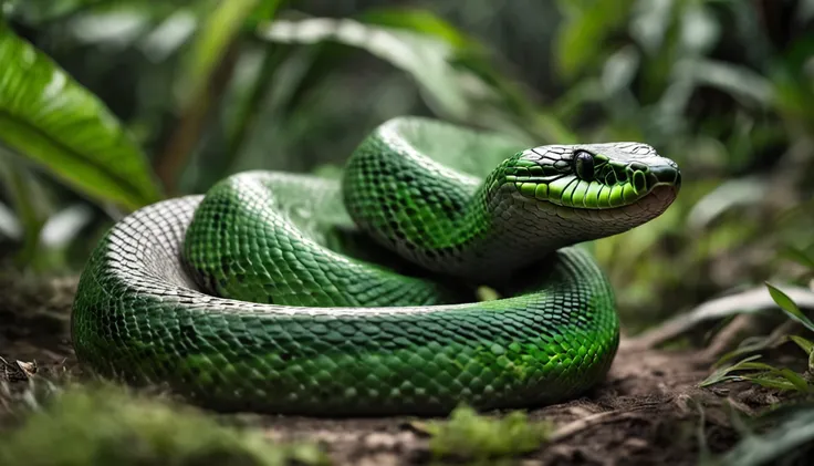 High nation-geographic symmetrical close-up portrait shoot in green jungle of an expressive snake, anamorphic lens, ultra-realistic, hyper-detailed, green-core, jungle-core –ar 16:9 –q 2 –v 5