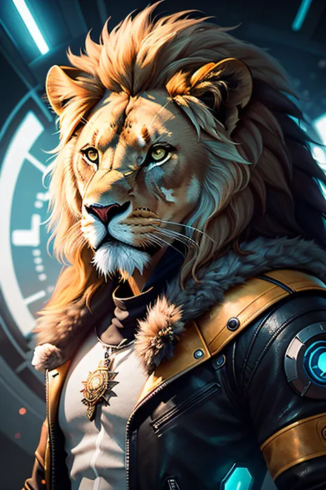 Image of a lion with a leather jacket and a fur necklace, CGSetnation ), g cgsociedade, CGSetnation!, Retrato CGSetivity, CGSetnation, lion warrior, impressionante estilo de arte detalhado, Wojtek FUS, CGSetalidade 9, Petros Afshar Speedart, robot lion, CG...