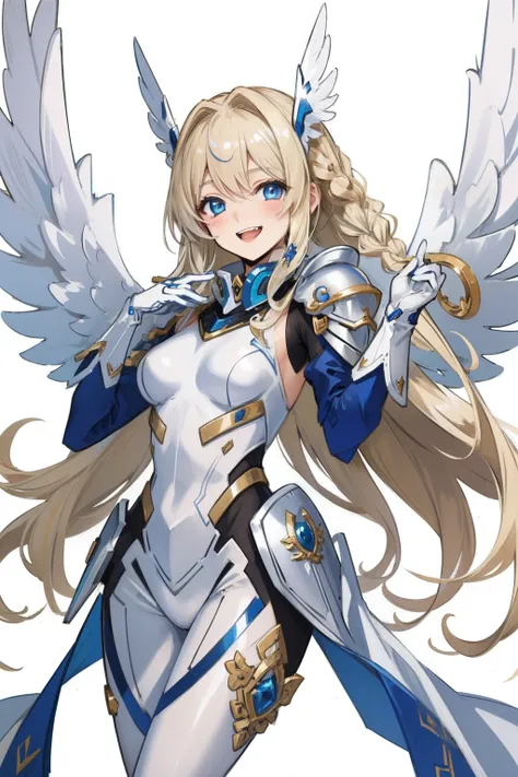 (​master piece, Best Quality),  Intricate details, valkyrie, kawaii, Happy, (((Laugh))), Villainous smile, Hand up, Looking at Viewer, Feather Headgear, Flower meadow, 
1 girl in, Solo, Portrait, Tentacle Plutinum Blonde Hair, drooping iceblue eyes, Silver...