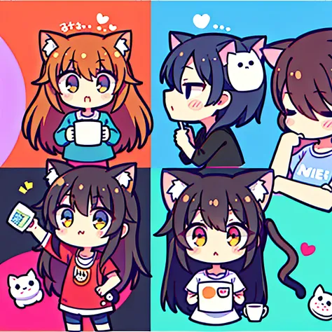 Kizi，tchibi，Cat ears，kiss，Yuri，coffee mug，coda，Head rubbing，in mug，Speaking heart，