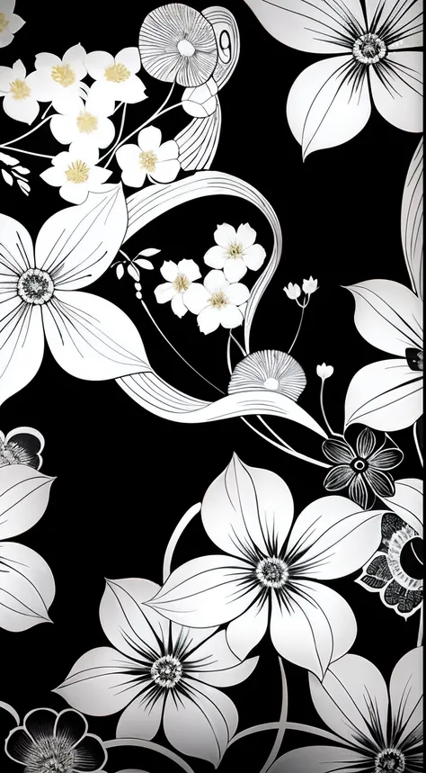 a close up of a black and white picture of a flower, inspired by Sōami, inspired by Sesshū Tōyō, black backround. inkscape, flowing sakura silk, inspired by Sakai Hōitsu, iphone wallpaper, inspired by Yamamoto Shōun, phone wallpaper. intricate