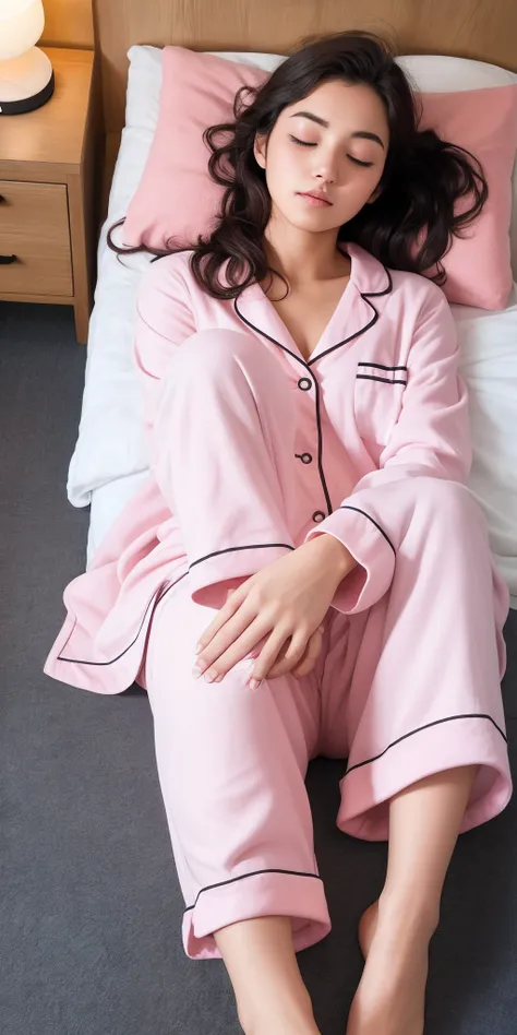 Sleeping girl, 22 years old, realistic, she is wearing long pants, she is wearing pink pajama, brown hair.