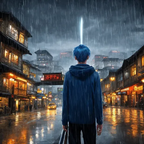 Rainy Night Blue-Haired Boy Elevated Road Carrying Demon Knife Village Rain Back Face Odin