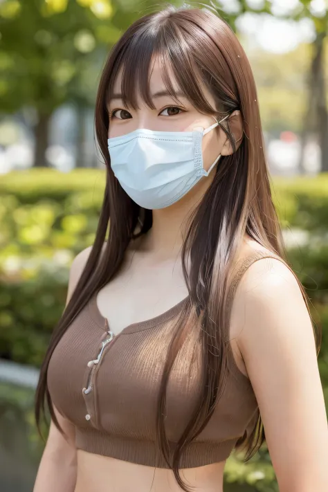 1girl, young female, photo, realistic, best quality, hires, detailed face, long hair, untied hair, detailed background, diffused sunlight, depth of field, Tokyo City, Asian Female, wearing face mask, brown hair, brown eyes, midriff, bangs