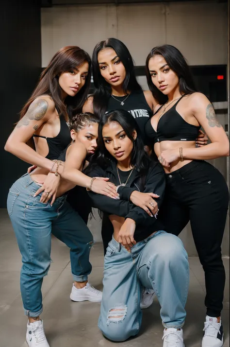 female hip hop crew huddle very close leaning on each other arms starched out hands connect to otehrs shoulders gangsta energetic lively hip hop stance, impossible badass choreography gang signs