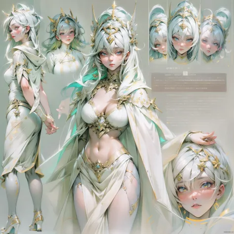 ((Masterpiece, Highest quality)), Detailed face, CharacterDesignSheet，full bodyesbian, Full of details, Multiple poses and expressions, Highly detailed, Depth, Many parts，beuaty girl，cinmatic lighting，with light glowing，White robes，lacepantyhose，high-heels