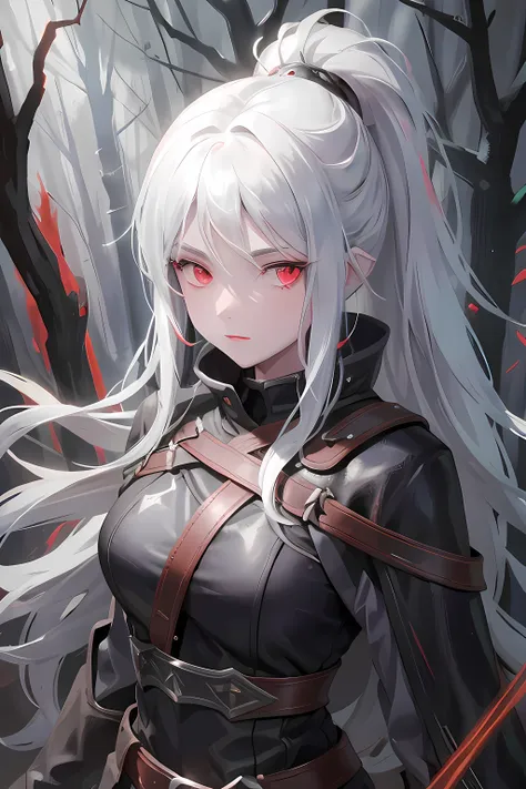 1girl, silver long hair, light red eyes, leather armor, rapier, dark forest, portrait, pointed ears