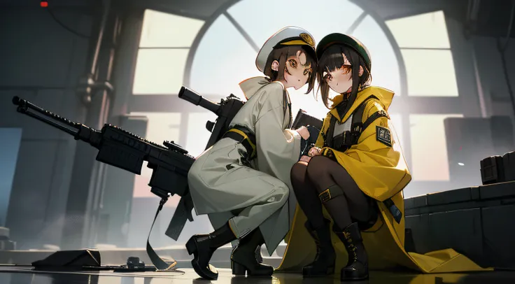 2girls, 1girl with a white kimono and black hair and black boots, 1girl with a yellow coat and a green cap, brown hair, black boots, assault rifle, inside a multiplayer shooter game, turret, Valorant