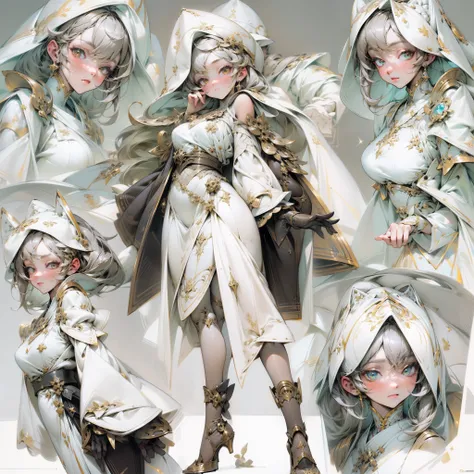 ((Masterpiece, Highest quality)), Detailed face, CharacterDesignSheet，full bodyesbian, Full of details, Multiple poses and expressions, Highly detailed, Depth, Many parts，beuaty girl，cinmatic lighting，with light glowing，White robes，lacepantyhose，high-heels