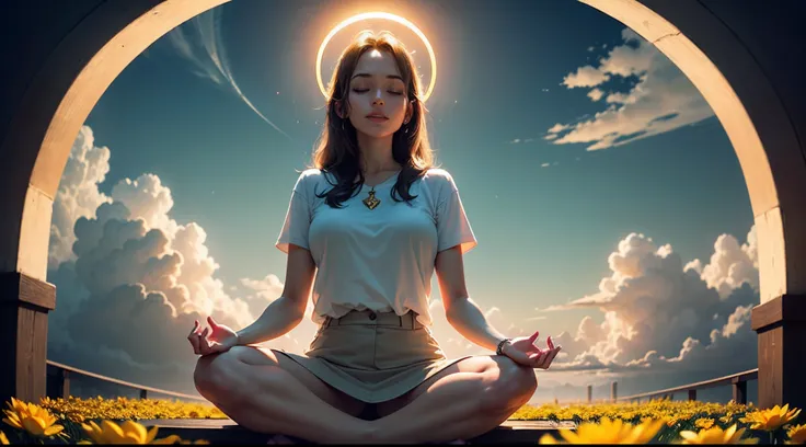 Surrounded by a golden circular halo, Woman sitting cross-legged on a huge golden lotus flower meditating in meditation, Frontal image of the vista, clouds, lifelike texture, happy laughing, (extremely detailed CG unity 16k wallpaper:1.1), ((ultra-detailed...