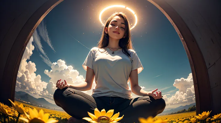 Surrounded by a golden circular halo, Woman sitting cross-legged on a huge golden lotus flower meditating in meditation, Frontal image of the vista, clouds, lifelike texture, happy laughing, (extremely detailed CG unity 16k wallpaper:1.1), ((ultra-detailed...