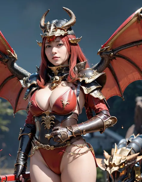 Professional , ​masterpiece、top-quality、photos realistic , depth of fields 、（Dragon Red Metal Body:1.９),(Enamel Red、（cleavage of the breast）、Dragon Gold Weapon、（Red Micro Bikini Armor:1.４),Gorgeous gold weapons ,（（ Dragons dense and gorgeous sword）） , （dem...