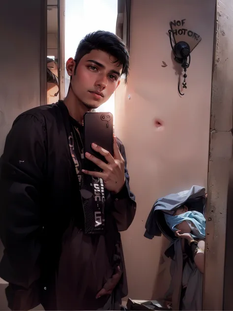 19 year old indian boy taking a selfie,cold colours photo