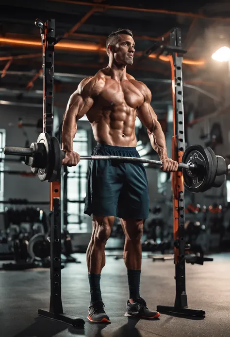 Handsome man in orange shorts and no shirt holding a barbell, Strong legs, Muscular thighs, incredibly strong and tall, Strong and tall, chest legs, Legs and arms, Muscular legs, body is strong and upright, workout, Tall and strong, athletic and strong, in...