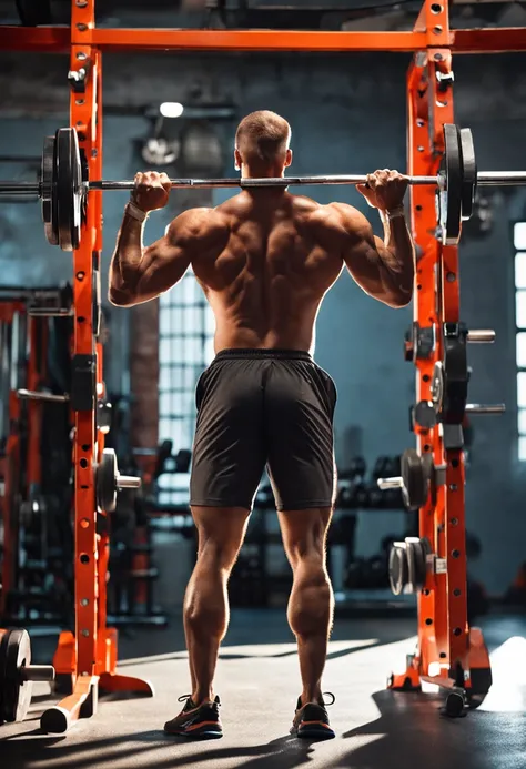 Handsome man in orange shorts and no shirt holding a barbell, Strong legs, Muscular thighs, incredibly strong and tall, Strong and tall, chest legs, Legs and arms, Muscular legs, body is strong and upright, workout, Tall and strong, athletic and strong, in...