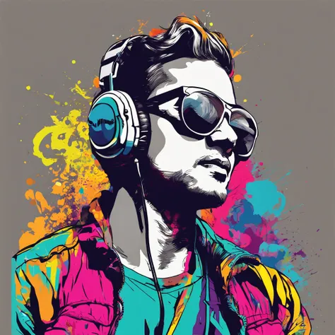 Ready-to-print vector T-shirt art Colorful graffiti illustration of a silhouette of a young man with headphones listening to music, Christian, Catholic elements, cor vibrante, High detail