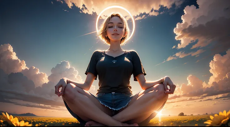 Surrounded by a golden circular halo, Woman sitting cross-legged on a huge golden lotus flower meditating in meditation, Frontal image of the vista, clouds, lifelike texture, happy laughing, (extremely detailed CG unity 16k wallpaper:1.1), ((ultra-detailed...