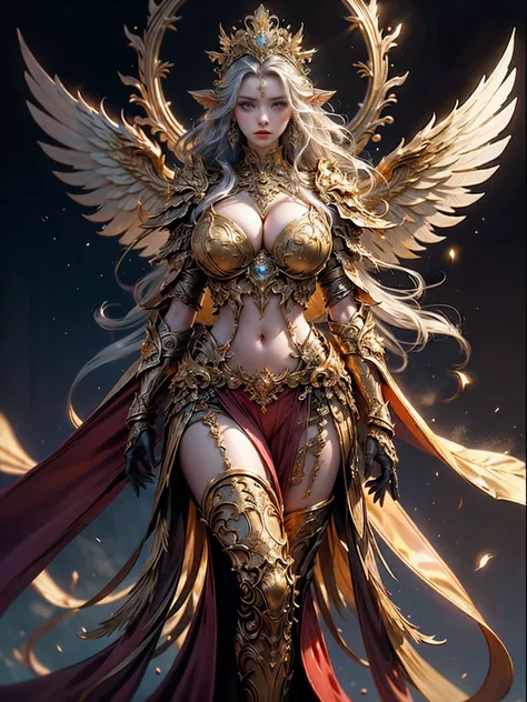 elven woman in a golden transparent dress,view the viewer,(((huge breasts, large cleavage))),slim waist,(navel baring,bare waist...