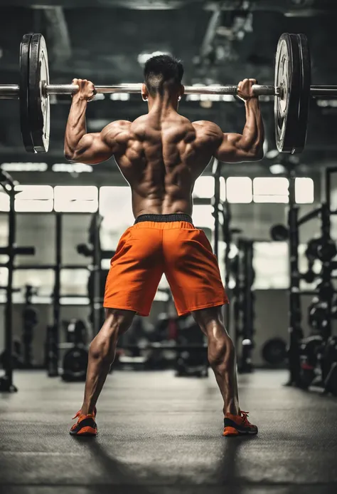 Handsome Chinese man in orange shorts and no shirt holding a barbell, Strong legs, Muscular thighs, incredibly strong and tall, Strong and tall, chest legs, Legs and arms, Muscular legs, body is strong and upright, workout, Tall and strong, athletic and st...