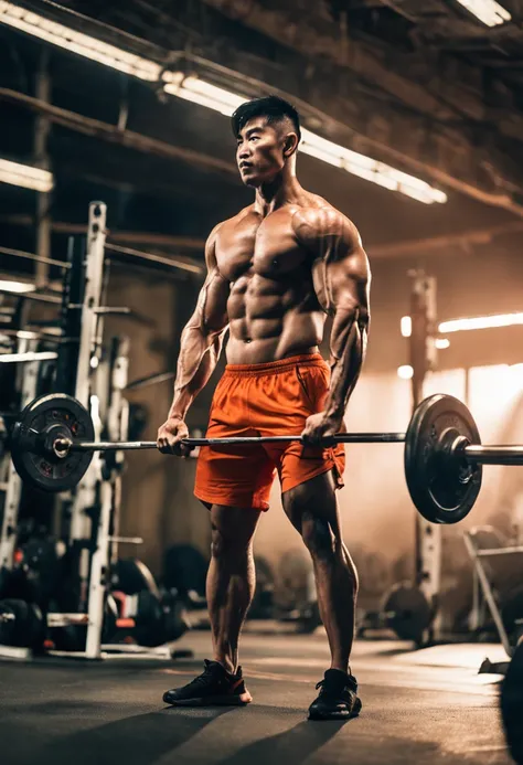 Handsome Chinese man in orange shorts and no shirt holding a barbell, Strong legs, Muscular thighs, incredibly strong and tall, Strong and tall, chest legs, Legs and arms, Muscular legs, body is strong and upright, workout, Tall and strong, athletic and st...