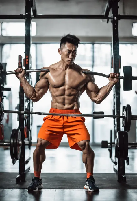 Handsome Chinese man in orange shorts and no shirt holding a barbell, Strong legs, Muscular thighs, incredibly strong and tall, Strong and tall, chest legs, Legs and arms, Muscular legs, body is strong and upright, workout, Tall and strong, athletic and st...